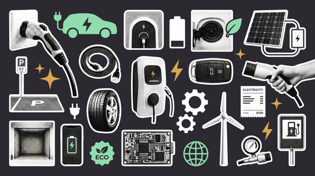 EV Charging Station Electric Car Battery Parts Tire Cable, Hand Drawn Vintage Retro Solar Panel Wind Turbine Plug Motor Charger Port