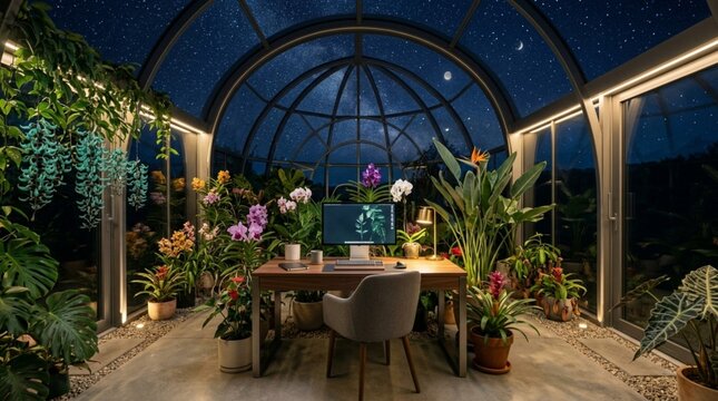 Modern Home Office Setup in a Glass Greenhouse Under a Starry Night Sky with Lush Tropical Plants