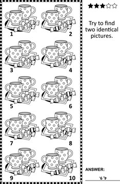 Find two identical pictures with cups and sweet candy visual puzzle. Answer included.
