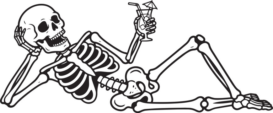 Skeleton relaxing with a drink isolated on transparent background, Vector, illustration