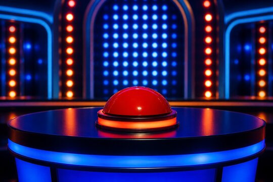 Game show buzzer glowing on illuminated studio stage with led backdrop