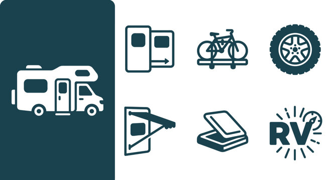 Minimal Monochrome Dark Teal Motorhome and RV Icon Set Featuring Camper Van Profile, Slide-out, Bike Rack, Wheel, Awning, Roof Vent, and Adventure Logo in Flat Vector SVG Style.