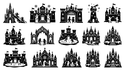 Obraz premium Winter Castle Icons for Kids, Children's Ice Skating and Sledding Scenes, Black White Silhouettes