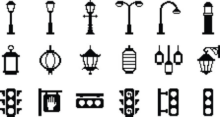Naklejka premium Street lamp traffic light black pixel art vector illustration collection, city lantern elements, icon set