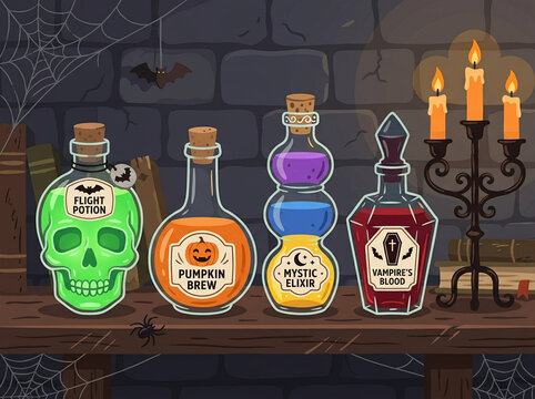 Halloween magic potion bottles with skull and pumpkin labels on a spooky shelf