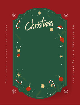 Merry Christmas green sign banner frame with empty space and festive decoration on red background