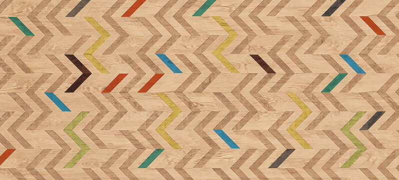 Retro chevron wood parquet texture, colorful mid-century geometric timber pattern, vintage wooden floor background with colorful accents