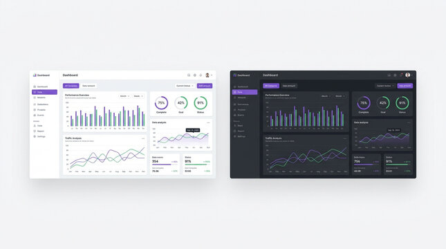 Modern UI UX dashboard design templates with dark and light modes