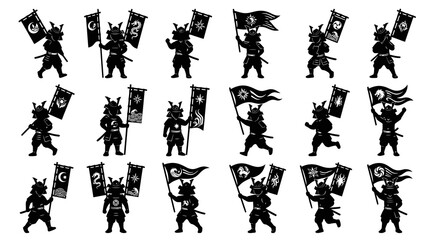 Obraz premium Japanese Samurai Warriors Silhouette Glyphs with Diverse Banners and Flags - Vector Icon Set for History and Culture