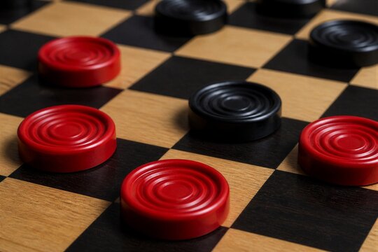 Red and black checkers pieces positioned on wooden checkerboard
