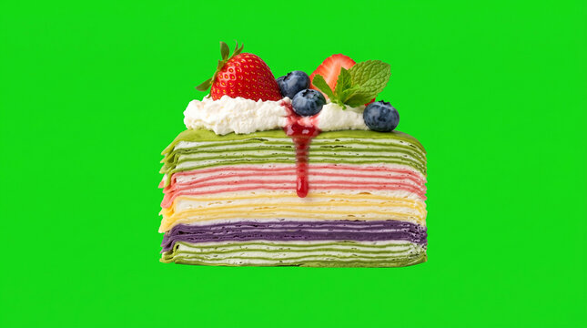 A slice of mille crepes with berries  on green screen background