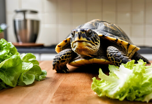 Pet care and healthy diet for reptiles, turtle on a kitchen counter with fresh green lettuce for feeding