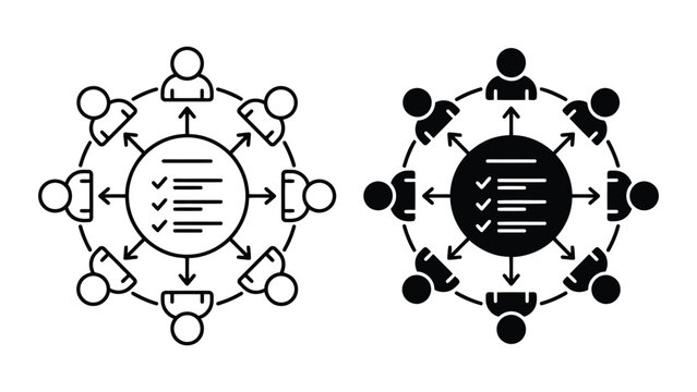 Centralized planning and team coordination icon set with planning, coordination