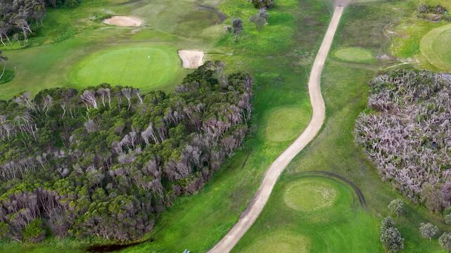 Aerial View of Coastal Golf Course Fairway and Sand Bunkers