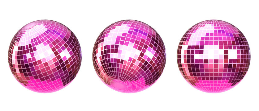 3d Vibrant pink disco balls with mirrored mosaic facets for nightlife, club, Birthday, Christmas party. 3d render
