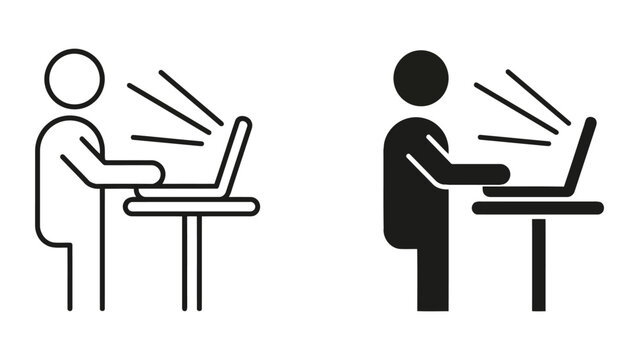 Person working on a laptop computer standing at desk vector icon set