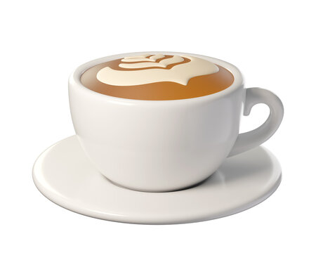 3D Cappuccino Coffee Cup with Latte Art Isolated. White ceramic mug ideal for coffee, bakery, cafe, restaurant menu and lifestyle. 3d render
