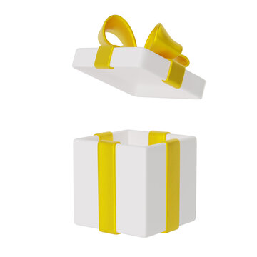 3d White gift box with a bright yellow ribbon and Open Lid isolated on background. Festive packaging ideal for gifts, celebrations, Birthday, Christmas. 3d render
