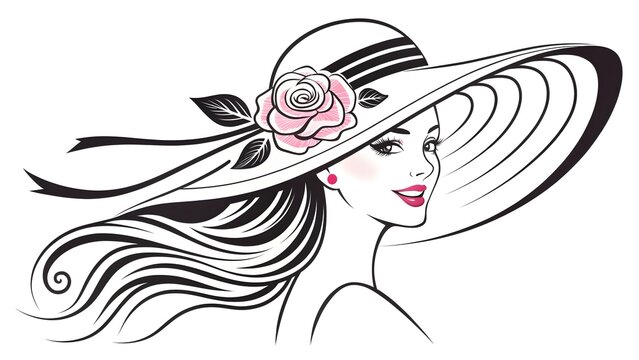 Elegant woman wearing a wide brim sun hat with a rose flower, fashion vector illustration.