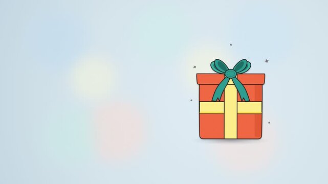Orange gift box with teal bow appearing on light blue background. 4K Video