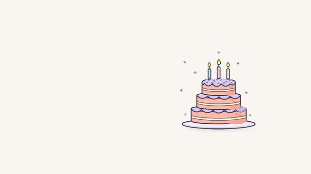 Tiered pink cake animation with candles and confetti. 4K Video