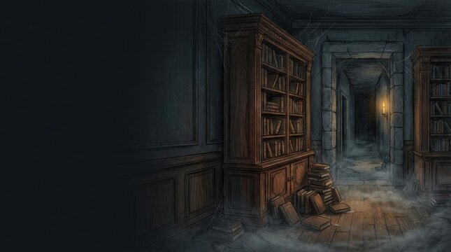 Mysterious secret passageway hidden behind a wooden library shelf for halloween 2026