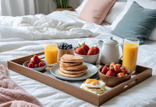 Breakfast in luxury hotel service and relaxation healthy morning meal with pancakes fruit and orange juice on a tray