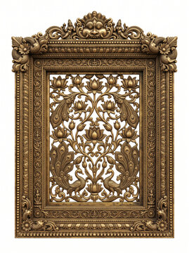 Tall South Indian temple window with dense floral lattice, botanical carving and layered bronze ornament