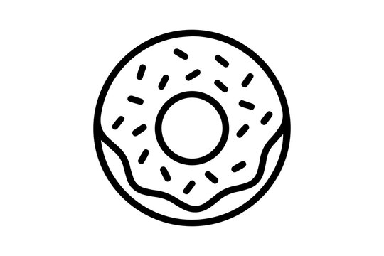 Donut with sprinkles line art, sweet dessert graphic, simple pastry icon on transparent background.
