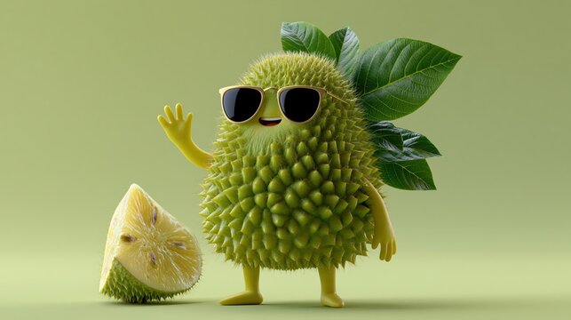 Whimsical durian character with sunglasses and a slice of fruit waving hello in soft studio lighting with a muted green background promoting fun and healthy eating concepts