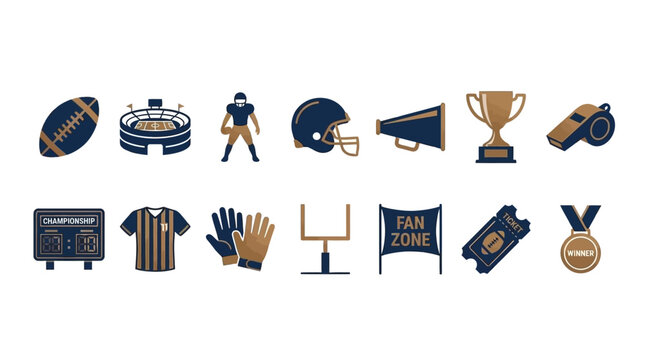 American football game equipment and sports icons.