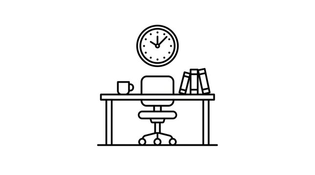 Simple line art illustration of a desk with office supplies and a wall clock