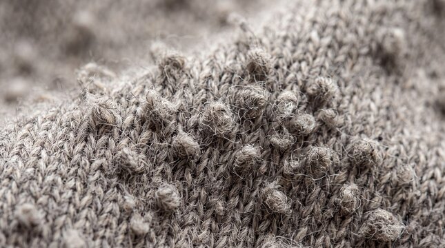 Extreme close up of fabric pilling on grey knitted textile