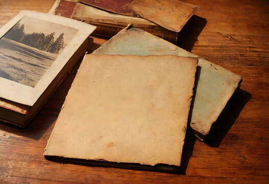 Nostalgia and historical memory, vintage photo album and old books on a rustic wooden table, antique paper texture