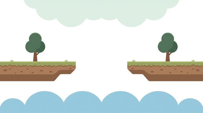 Pixel art game background featuring floating islands with green trees and a gap over blue clouds