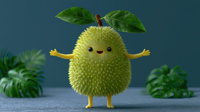 Cute cartoon jackfruit character with smiling face and open arms standing against a soft blue background with tropical leaves