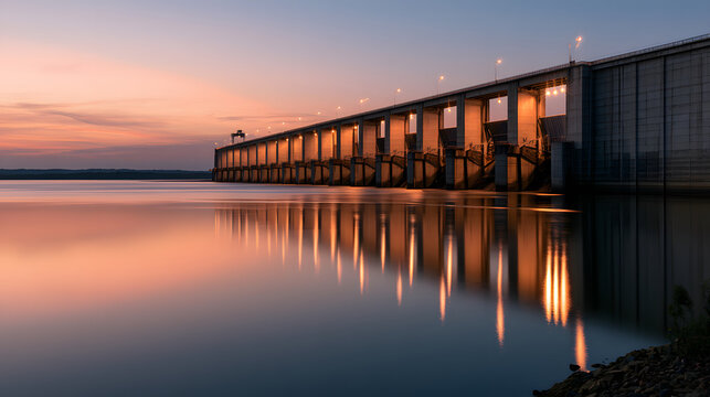 Stunning Reflection of Dam Against Tranquil Water Surface at Sunset with Clear Evening Sky