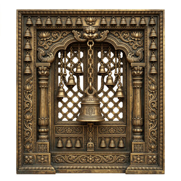 Square South Indian temple window with hanging bell, intricate lattice and dark aged bronze carving
