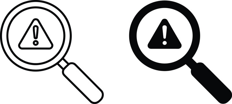 Finding problem icon outline art featuring magnifying glass and document symbols for analysis, troubleshooting, research, and solution discovery.