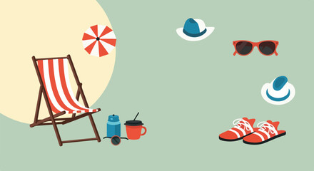 Fototapeta premium This vector illustration displays summer holiday essentials like a striped deck chair, hats, sunglasses, and drinks on a plain light green background.