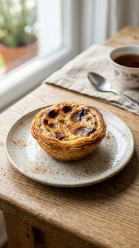 Portuguese custard tart served on ceramic plate on wooden table with natural window lighting