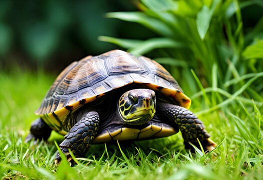 Wildlife conservation and biodiversity, small turtle walking on green grass in natural habitat, slow and steady