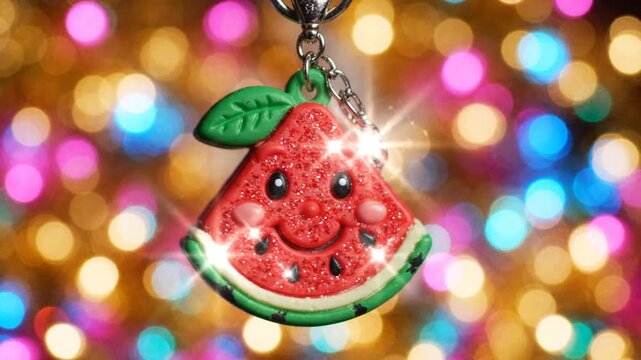 Cute smiling watermelon keychain glitters against colorful bokeh lights background.