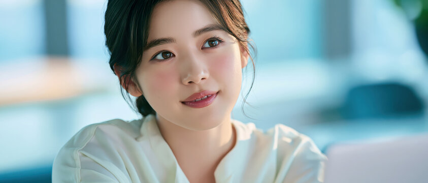 Japanese woman elegant minimalist styling premium quality fabric working on laptop with focused gaze and gentle smile in bright modern workspace