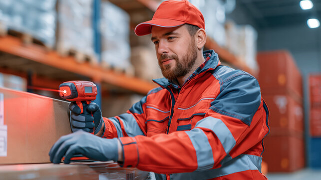 Warehouse technician inspecting export cargo with handheld scanner and protective uniform, focused on logistics work in storage facility