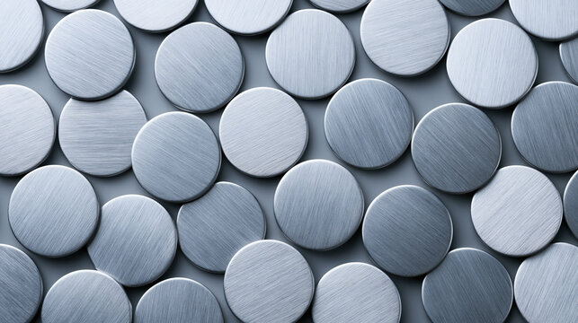 Silver metal disk background with overlapping circular forms, brushed texture, and cool industrial surface creating sleek pattern for design