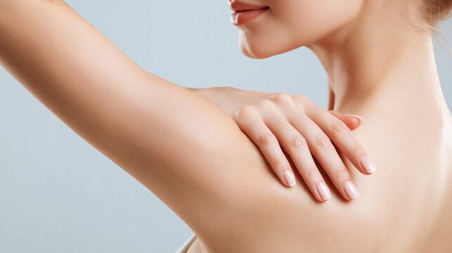 Woman touching smooth underarm skin for personalized neck abdomen and arm aesthetic treatment plan