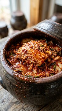 Spicy Korean kimchi fermenting in traditional clay onggi pot indoors under natural light