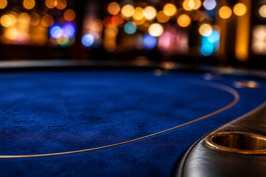 Empty poker table with blue felt and blurred lights