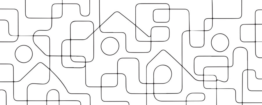 Abstract black geometric line pattern on white background, featuring rounded squares, circles and architectural shapes, creating a modern minimalist design for wallpaper, textile, packaging and poster